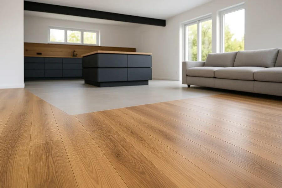 Offener Wohnbereich: Übergang von warmem Vinylboden zu fugenlosem Küchenboden mit Kochinsel; graues Sofa, viel Tageslicht. Offener Wohnbereich: Übergang von warmem Vinylboden zu fugenlosem Küchenboden mit Kochinsel; graues Sofa, viel Tageslicht.