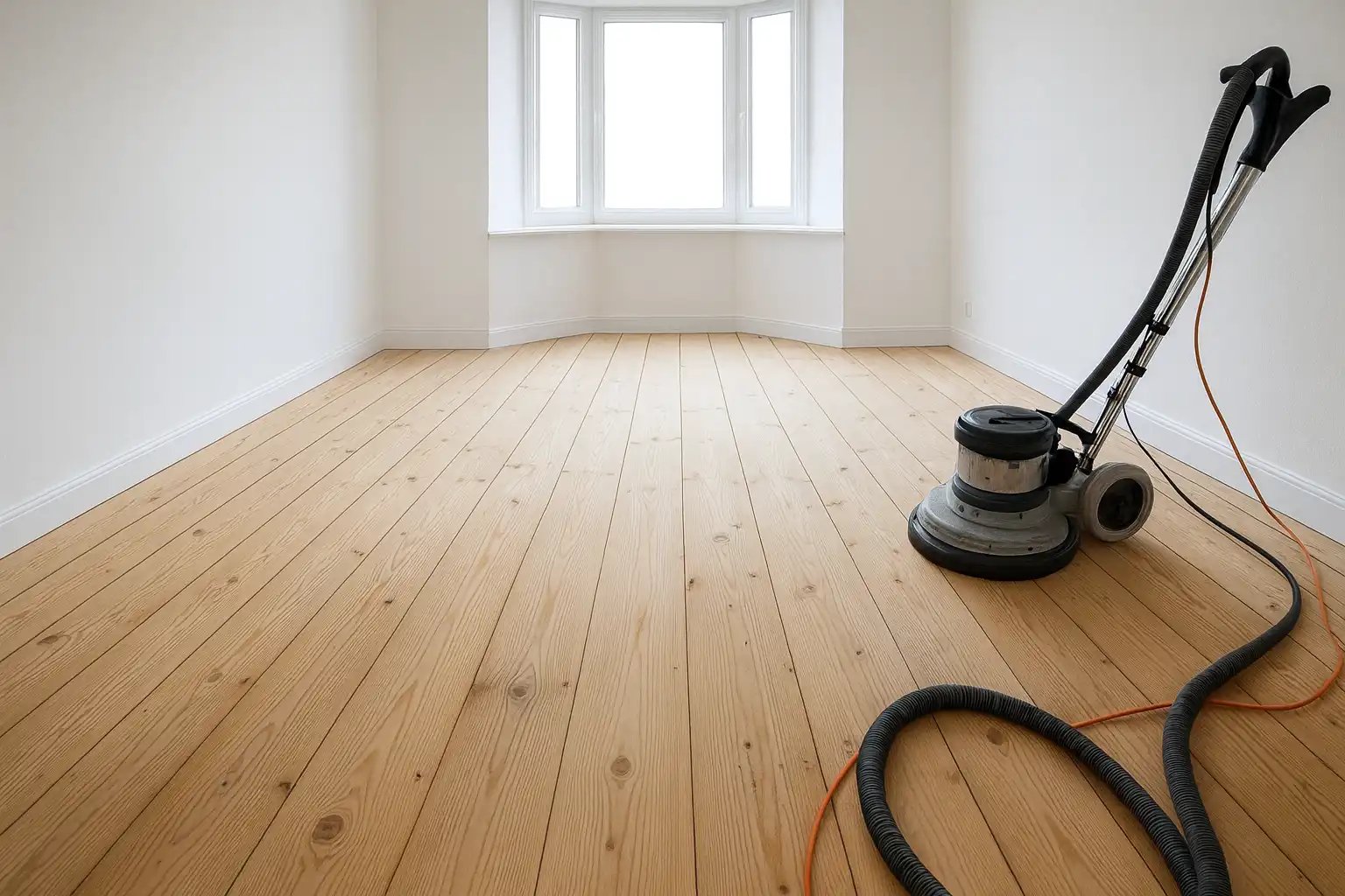 Heller Renovierungsraum mit weißer Wand, großem Erkerfenster und frisch geschliffenem Dielenboden; Bodenschleifer rechts.