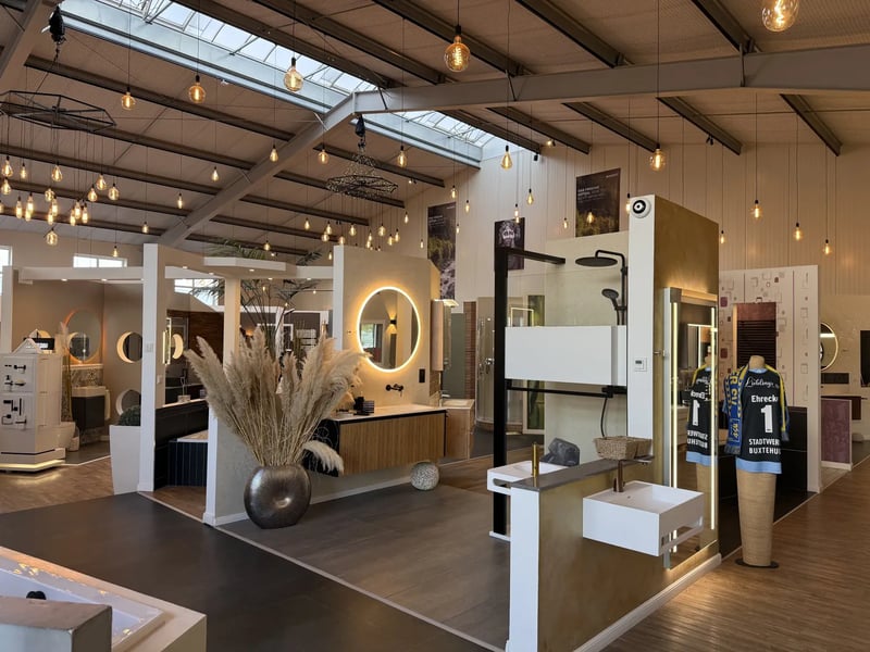 Ausstellung in Beckdorf mit mehreren Musterbädern, Spiegeln und Waschtischen