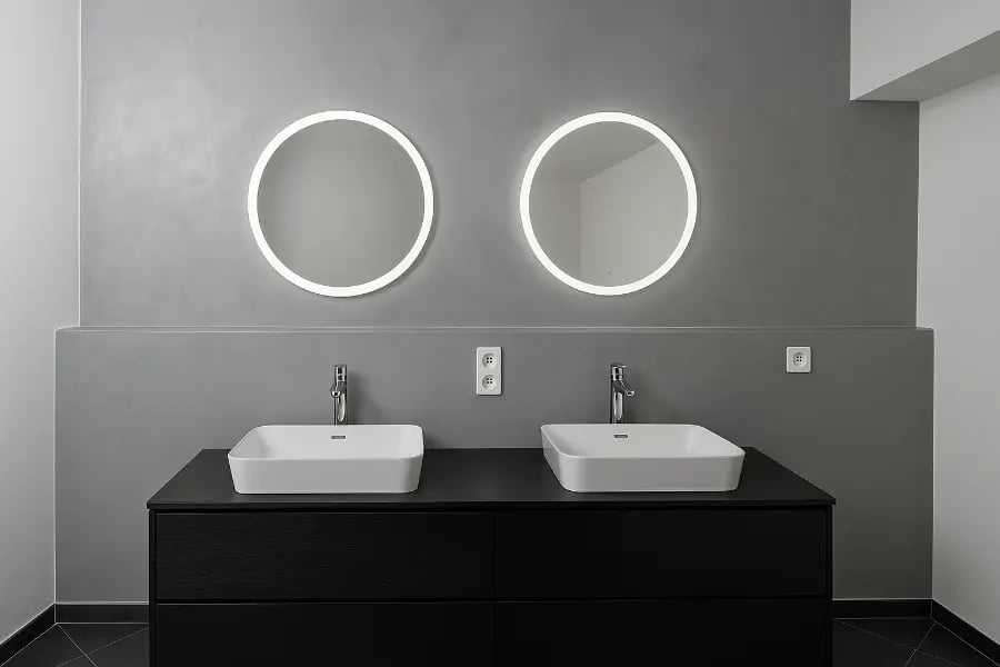 Fugenlose Wand in Betonoptik: modernes Bad mit zwei LED-Spiegeln, schwarzem Doppelwaschtisch und weißen Aufsatzbecken.
