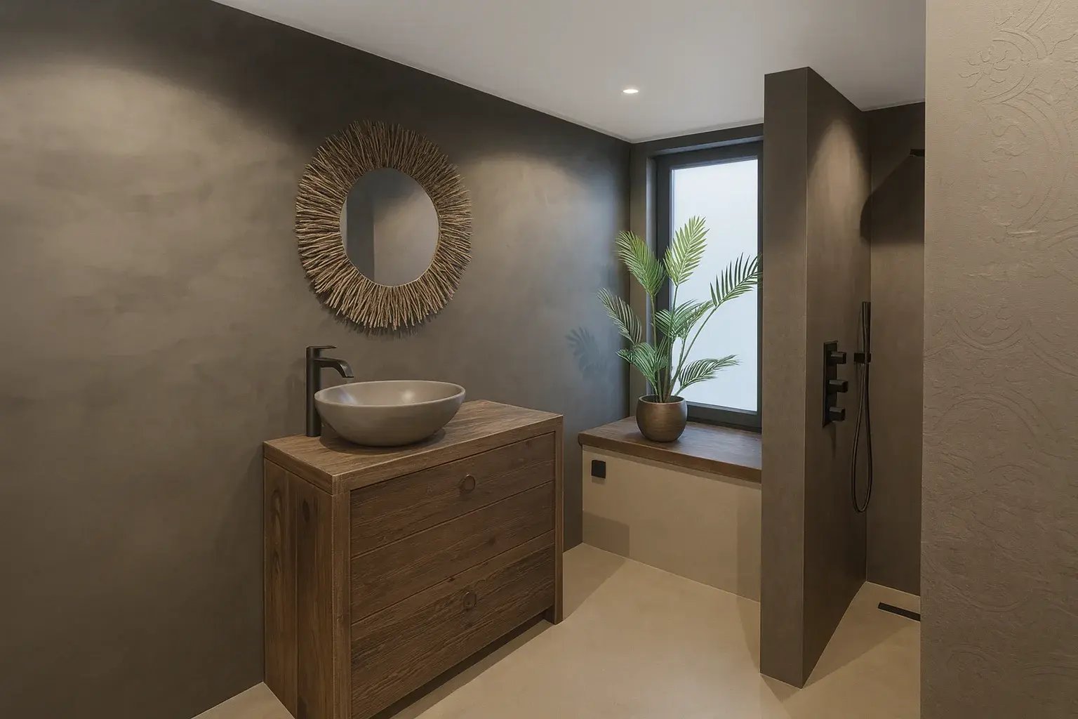 Fugenloses Bad in Erdtönen: Holzwaschtisch, Naturfaser-Spiegel, Walk-in-Dusche mit schwarzer Armatur – warm und modern.