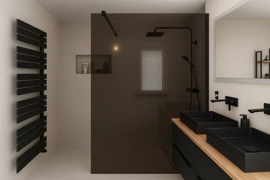 Mikrozement-Badezimmer: bodengleiche Dusche mit Rauchglas, schwarze Armaturen, Doppeltwaschtisch mit schwarzen Becken – edel & modern. Mikrozement-Badezimmer: bodengleiche Dusche mit Rauchglas, schwarze Armaturen, Doppeltwaschtisch mit schwarzen Becken – edel & modern.