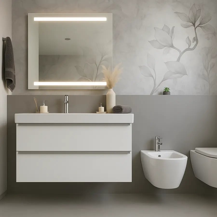 Fugenloses Badezimmer mit grauer Fläche, floraler Tapete, LED-Spiegel, schwebendem Waschtisch sowie Bidet & WC – modern & pflegeleicht.