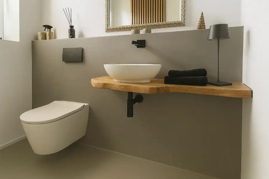 Fugenloser Boden im Gäste-WC: nahtloser Mikrozement-Look, wandhängendes WC, Holzboard mit Aufsatzwaschbecken – pflegeleicht & modern.