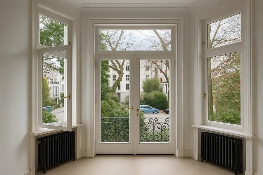 Altbau-Erker: Sprossenfenster, Balkontür, weiße Zierleisten und schwarze Gussheizkörper mit Blick ins Grüne – hell & elegant. Altbau-Erker: Sprossenfenster, Balkontür, weiße Zierleisten und schwarze Gussheizkörper mit Blick ins Grüne – hell & elegant.