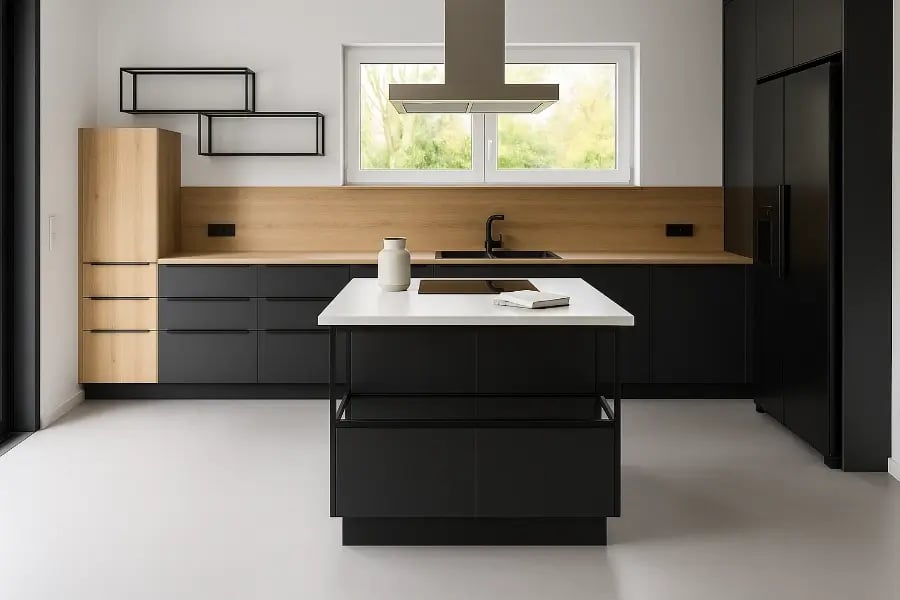 Fugenloser Boden in moderner Küche: schwarze Fronten, Holzrückwand, Kochinsel mit weißer Platte – robust & pflegeleicht.
