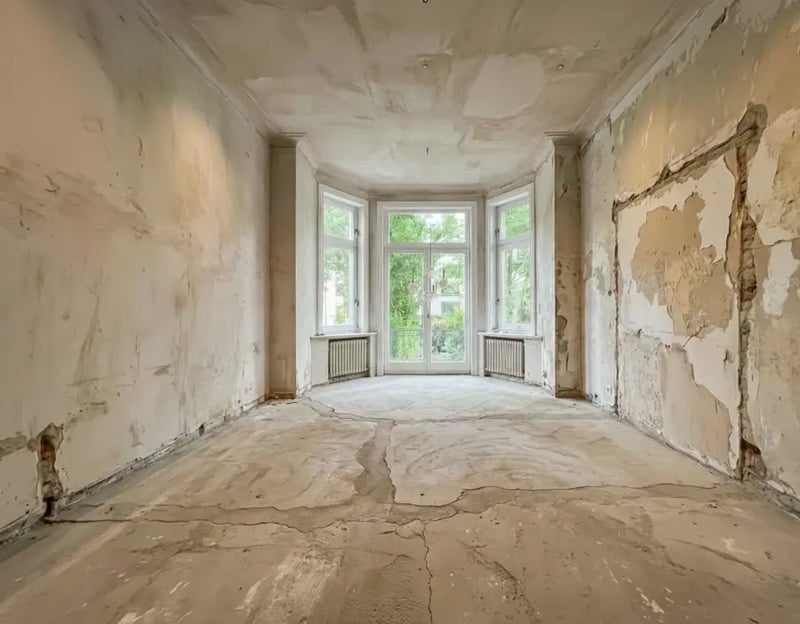 Altbau-Erker im Rohbauzustand mit abgeplatztem Putz vor der Sanierung