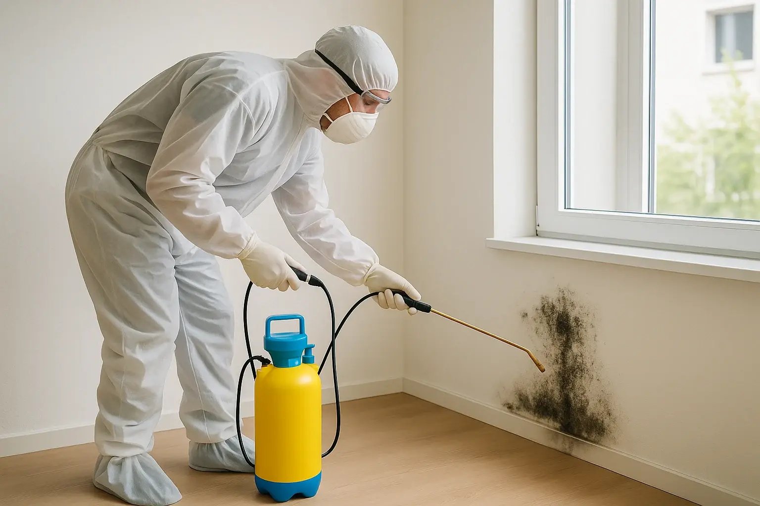 KS Farbkonzepte: Experte in Vollschutz desinfiziert schwarzen Schimmel unter dem Fensterbrett Hamburg Othmarschen.