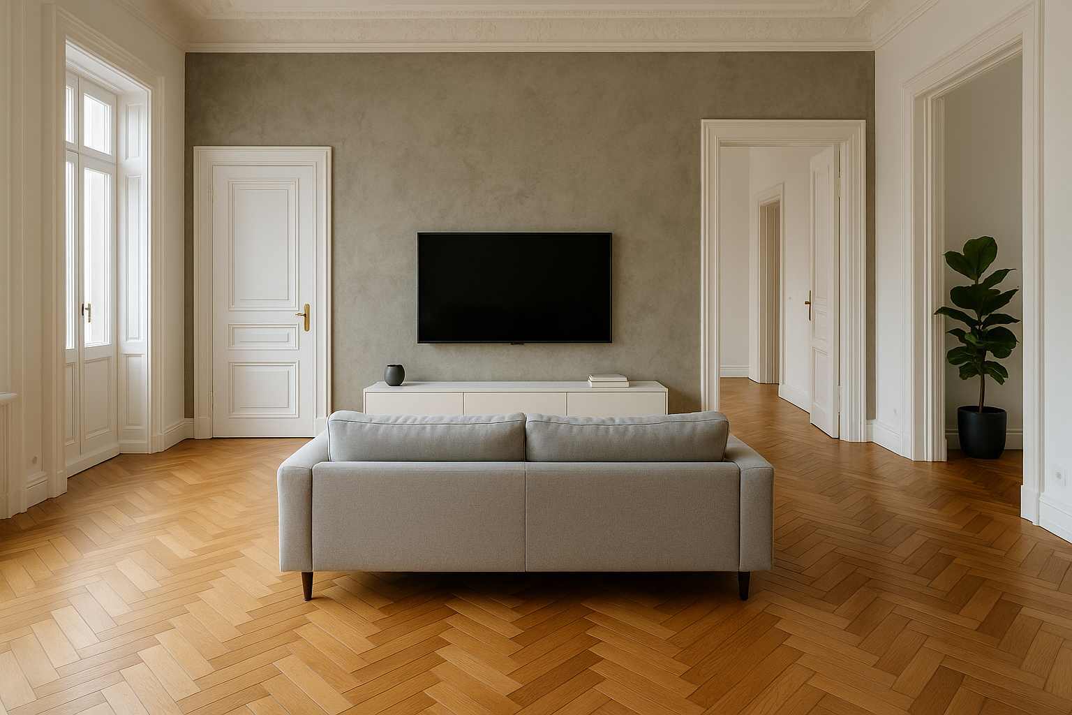 Altbau-Wohnzimmer mit gespachtelter Sichtbeton-Optik als TV-Wand: matte, wolkige Struktur, davor Lowboard und zentriertes Sofa auf Fischgrätparkett.