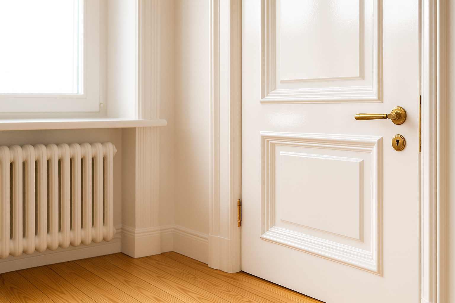 Detailaufnahme einer frisch lackierten Altbautür mit Messinggriff und weißem Heizkörper unter dem Fenster.