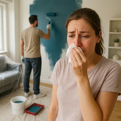 Frau mit Taschentuch, rote tränende Augen und laufende Nase – reagiert allergisch auf frisch gestrichene Wandfarbe; Mann streicht im Hintergrund.