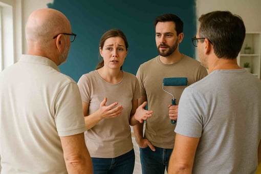 Frau mit tränenden Augen schildert ihre Farb-Allergie, während ihr Mann mit Farbrolle daneben steht. Zwei Maler von K&amp;S Farbkonzepte aus Beckdorf hören zu und beraten zur Lösung.