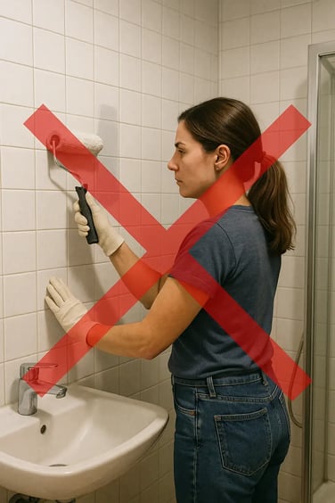 Frau überstreicht weiße Badezimmerfliesen mit einer Farbrolle; ein großes rotes X liegt über dem Bild (Hinweis: nicht überstreichen).