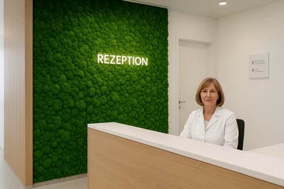 Empfangsbereich einer modernen Praxis mit grüner Mooswand, Aufschrift „Rezeption“ in leuchtenden Buchstaben, einer freundlich blickenden Mitarbeiterin in weißem Kittel hinter einem Tresen aus Holz und weißer Oberfläche.
