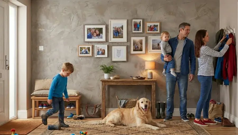 Belebter Flur mit robuster Design-Spachteltechnik in Betonoptik, Familie mit Kindern und Hund beim Anziehen – pflegeleichte und moderne Wandgestaltung von K und S Farbkonzepte