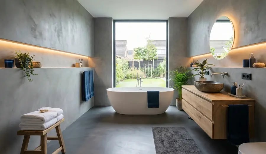 Modernes fugenloses Bad in Anthrazit-Optik mit freistehender Badewanne direkt am Fenster. Wohnliche Gestaltung mit Holz-Akzenten und Spachteltechnik ohne Fliesen. Idee für Badsanierung in Hamburg, Stade und Buxtehude von K&S Farbkonzepte.