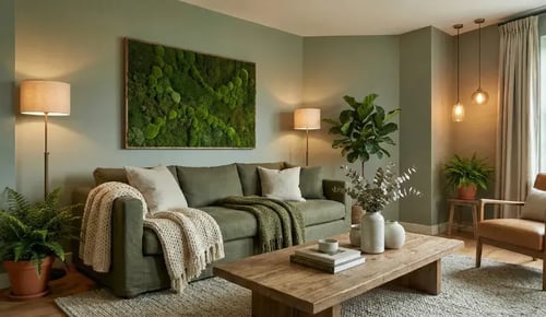 Biophiles Wohnzimmer-Design: Matte Wandfarbe in Salbeigrün harmoniert mit großformatiger Wandbegrünung (konserviertes Moosbild) für bessere Raumakustik. Modernes Natur-Konzept mit Leinensofa und Eukalyptus-Deko. Nachhaltige Raumgestaltung von K&amp;S für den Landkreis Harburg, Lüneburg und Hamburg.