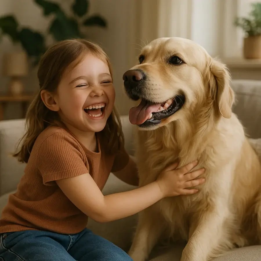 Abwaschbare Wandfarbe im Wohnzimmer mit lachendem Mädchen und Golden Retriever – ideal für Familien mit Haustieren. Abwaschbare Wandfarbe im Wohnzimmer mit lachendem Mädchen und Golden Retriever – ideal für Familien mit Haustieren.