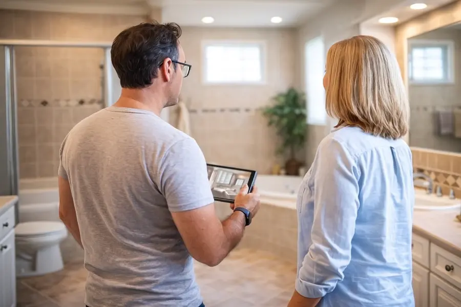 Beratung fugenloses Bad: Handwerker erklärt Lösung auf Tablet im Bestandsbad – Planung & Angebot vor Ort.