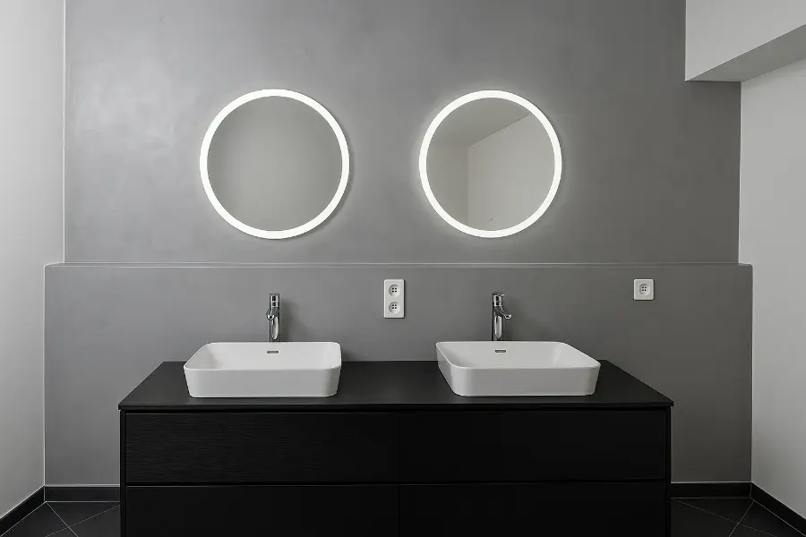 Fugenlose Wand in Betonoptik: modernes Bad mit zwei LED-Spiegeln, schwarzem Doppelwaschtisch und weißen Aufsatzbecken.