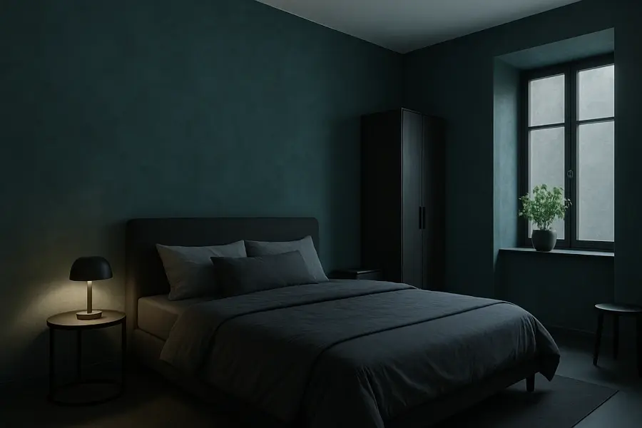 Schlafzimmer mit Kalkglätte: petrolfarbene Kalkputz-Spachteltechnik, graues Bett, stimmungslicht, schwarzer Schrank – ruhig & edel.