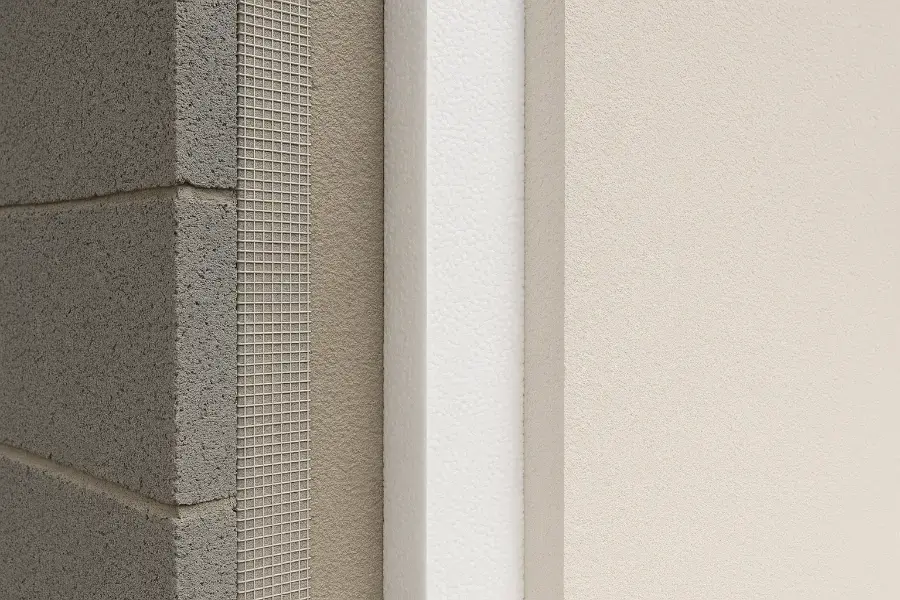 WDVS/Fassadendämmung: Schichtaufbau mit Mauerwerk, Armierungsgewebe, Dämmplatte und Oberputz – Konzept mit Partnergewerken.