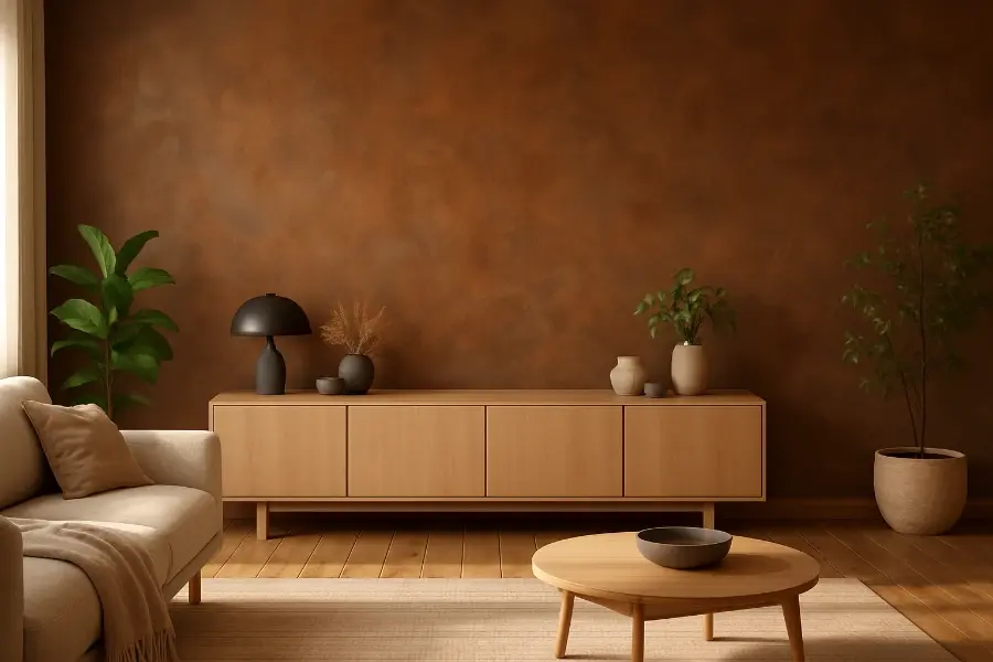 Wand in Rostoptik: warm marmorierte Patina im Wohnzimmer, helle Holzmöbel, beiges Sofa und Pflanzen – edel & wohnlich.