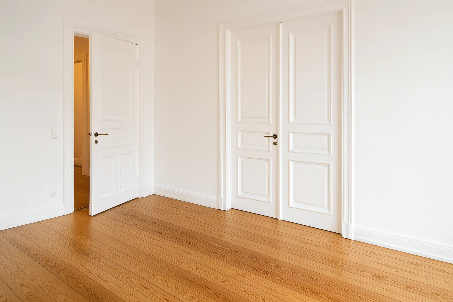 Helles Zimmer mit weißer Doppeltür, geöffneter Zimmertür und warmem Holzdielenboden.