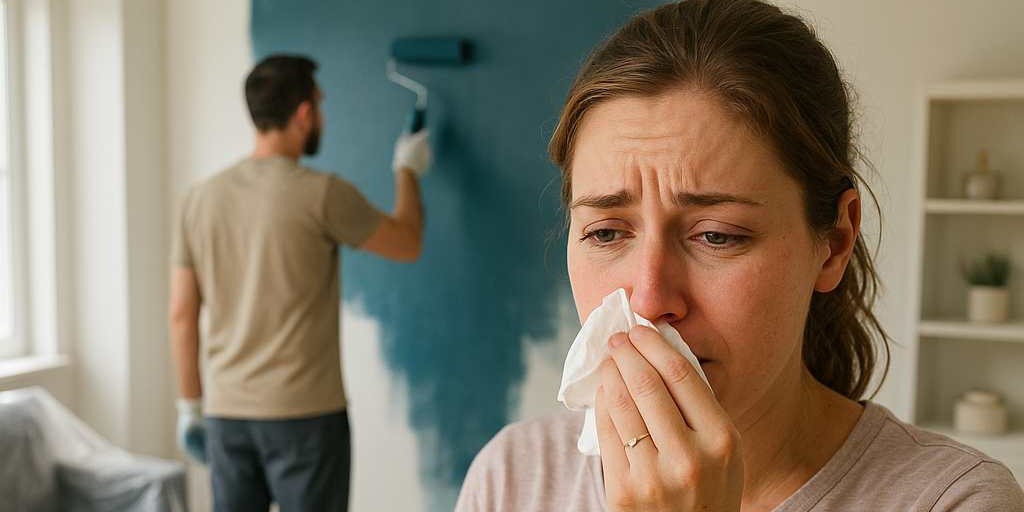 Frau mit Taschentuch, rote tränende Augen und laufende Nase – reagiert allergisch auf frisch gestrichene Wandfarbe; Mann streicht im Hintergrund.