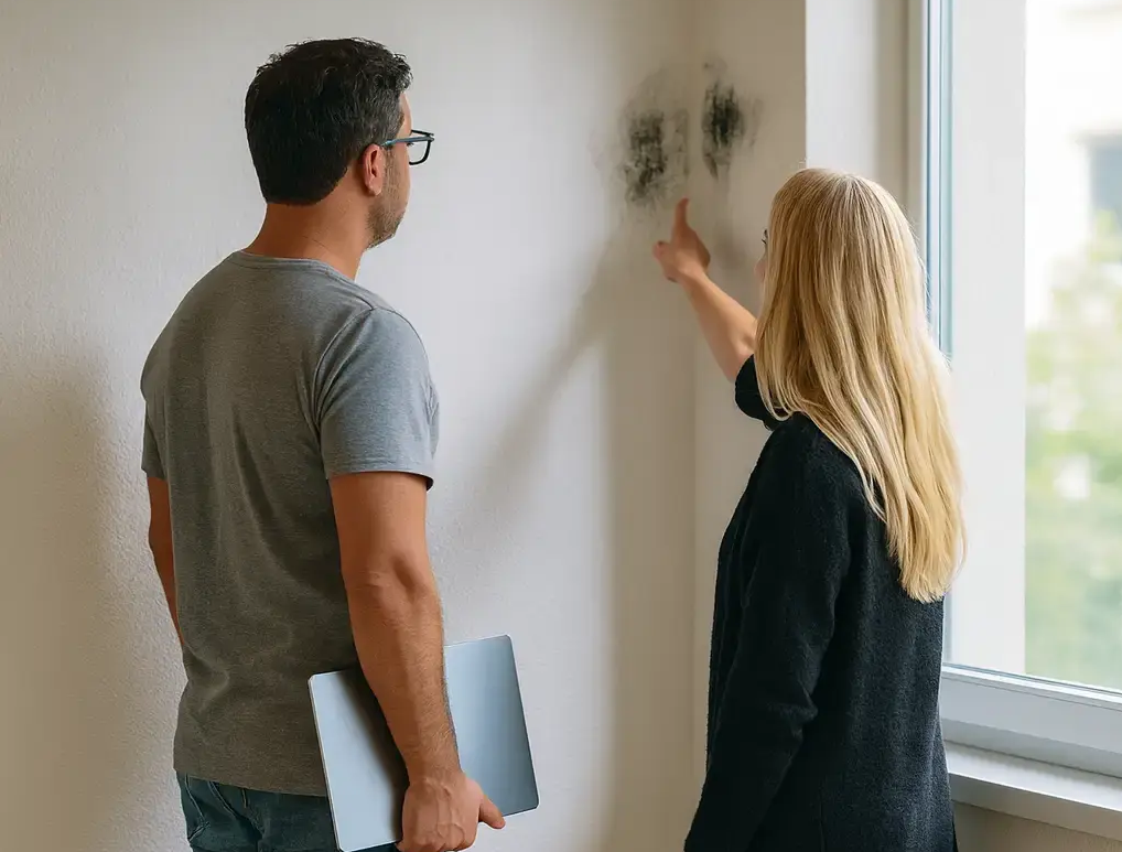 K&S farbkonzepte begutachtet Schimmel an einer Fenster-Außenwand: Frau zeigt die Stelle, Fachmann mit Laptop dokumentiert.