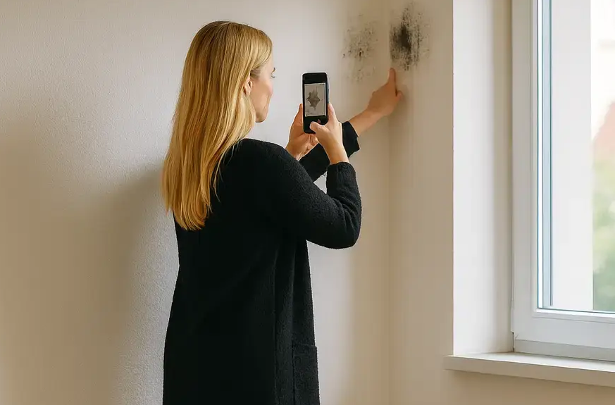 K&S farbkonzepte: Kundin macht Handyfoto von schwarzem Schimmel neben dem Fenster in ihrer Wohnung.