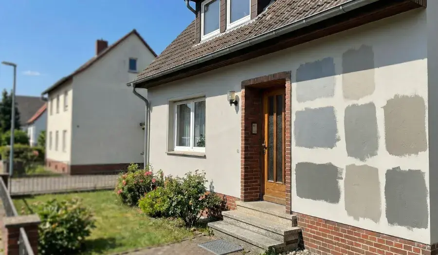 Eine Hausfassade mit mehreren aufgestrichenen Farbmustern in verschiedenen Grau- und Greigetönen, die von K&S Farbkonzepte zur Auswahl für den neuen Fassadenanstrich angelegt wurden.