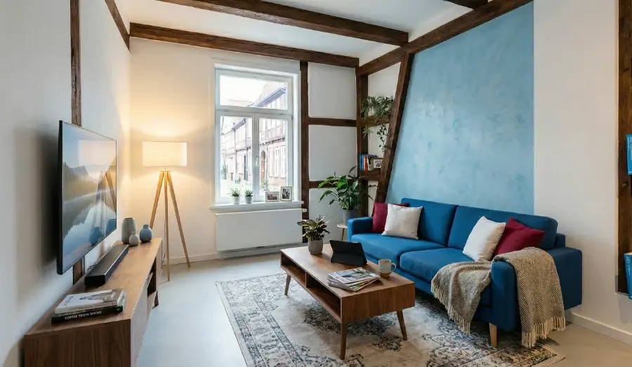 Modernes Wohnzimmer im Fachwerkhaus in Stade mit Spachteltechnik Wandgestaltung in hellblau. Gemütliche Einrichtung mit blauem Sofa, TV-Board und hochwertiger Spachteltechnik.
