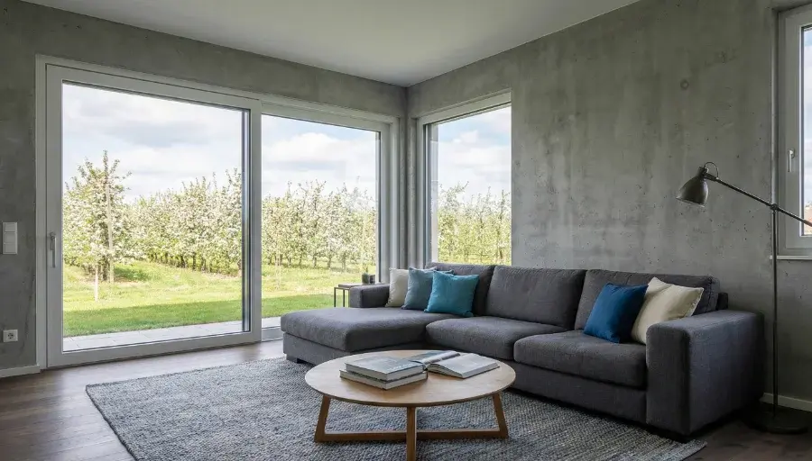 Modernes Wohnzimmer mit exklusiver Spachteltechnik in Sichtbetonoptik, stilvollem Interieur und weitem Blick auf die Apfelplantagen im Alten Land – hochwertige Wandgestaltung von K&S Farbkonzepte